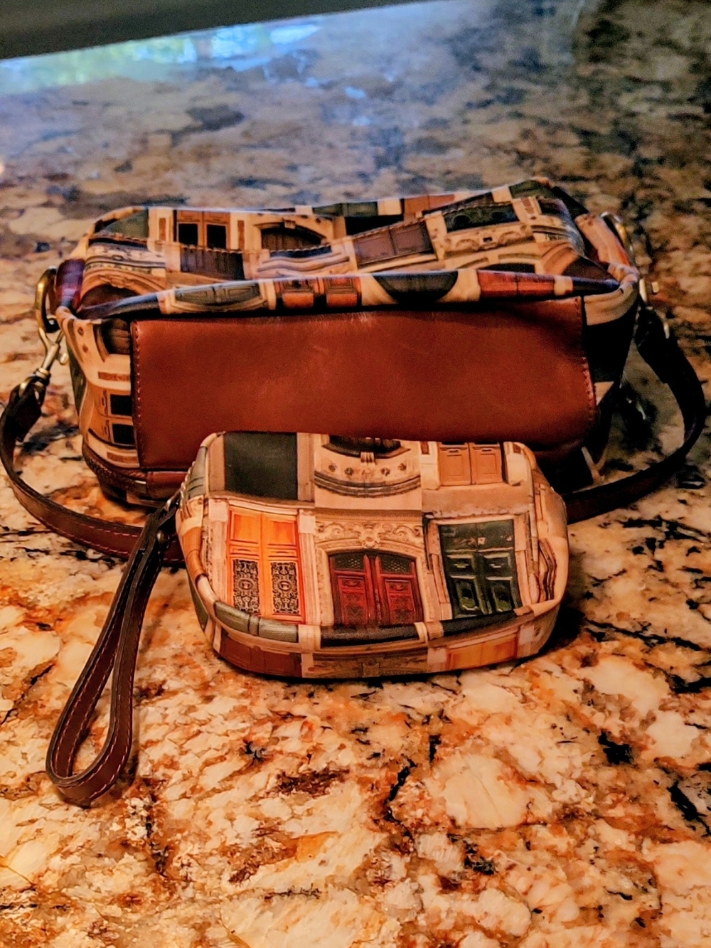 Patricia Nash Piper coated canvas Satchel and Wristlet pair in Brown and Cream